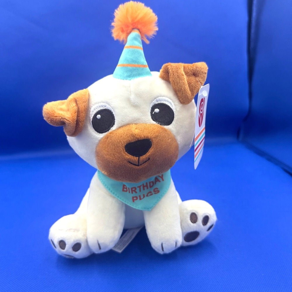 Birthday Pugs Plush Puppy Dog Stuffed Animal Party Hat Bandana 8" NWT New Gift